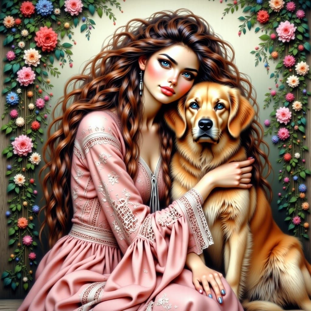Woman in Floral Dress Hugs Golden Retriever in Whimsical Sty...