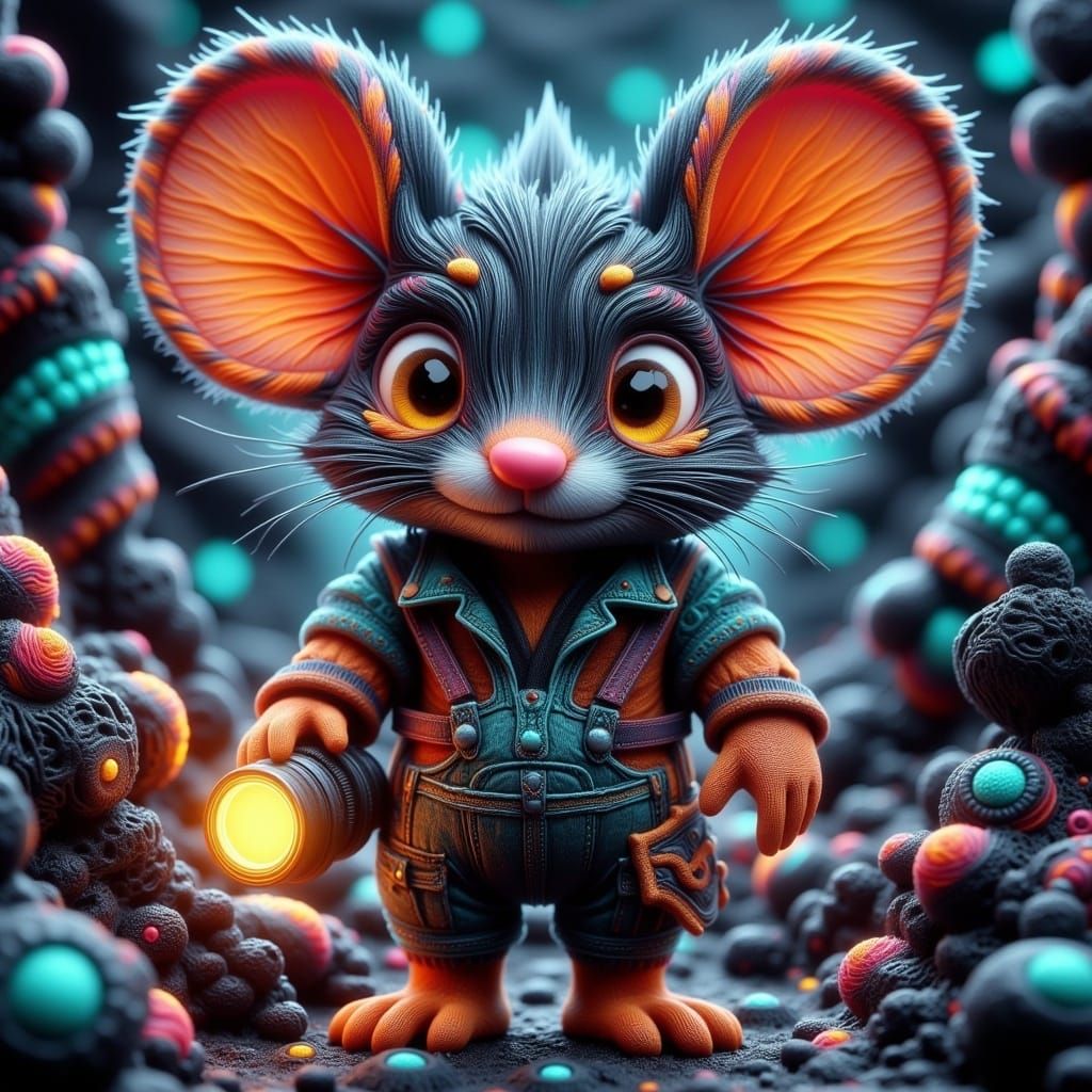 Whimsical Chibi Creature Amidst Vibrant Bismuth Fractals