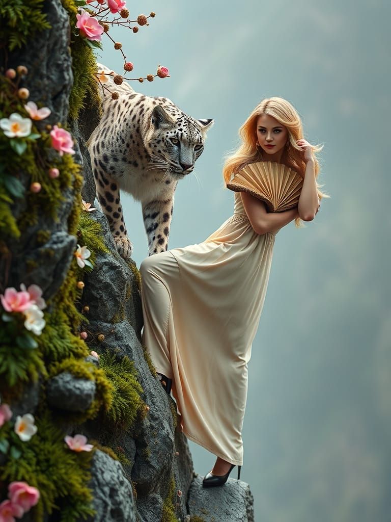 Snow Leopard and Girl in Botanical Art Style