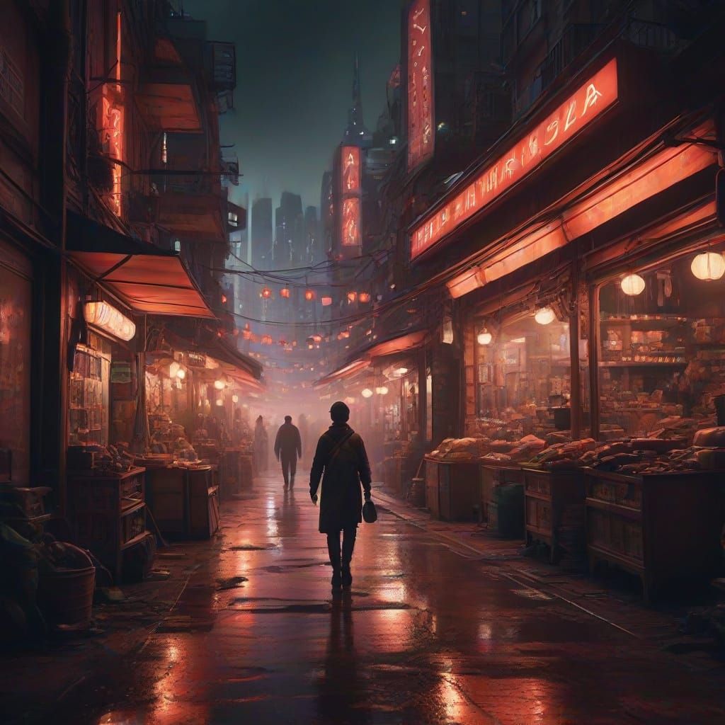 Lone Traveler Amidst Futuristic Martian Bazaar