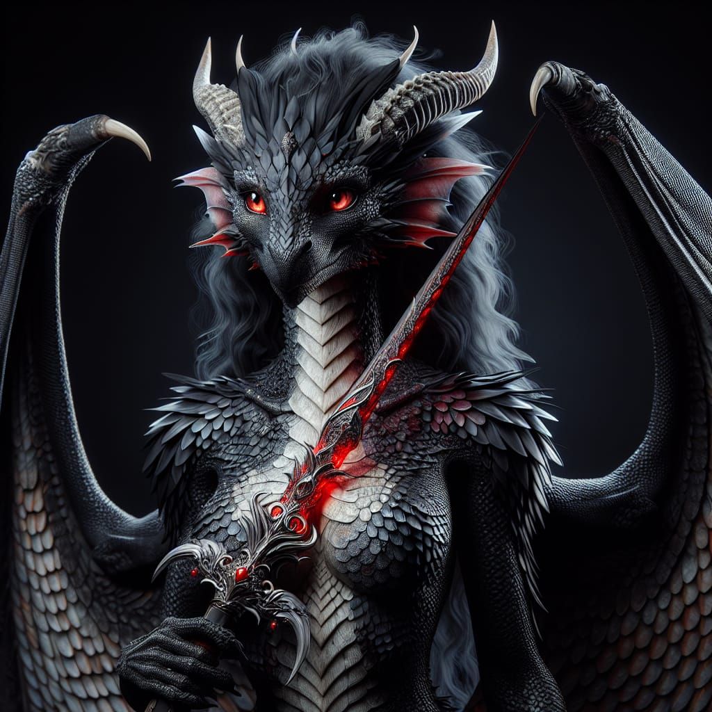 female black anthromorphic dragon wielding a red glowing int...