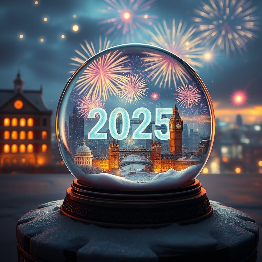 London Snow Globe New Year Celebration in Vibrant Fantasy