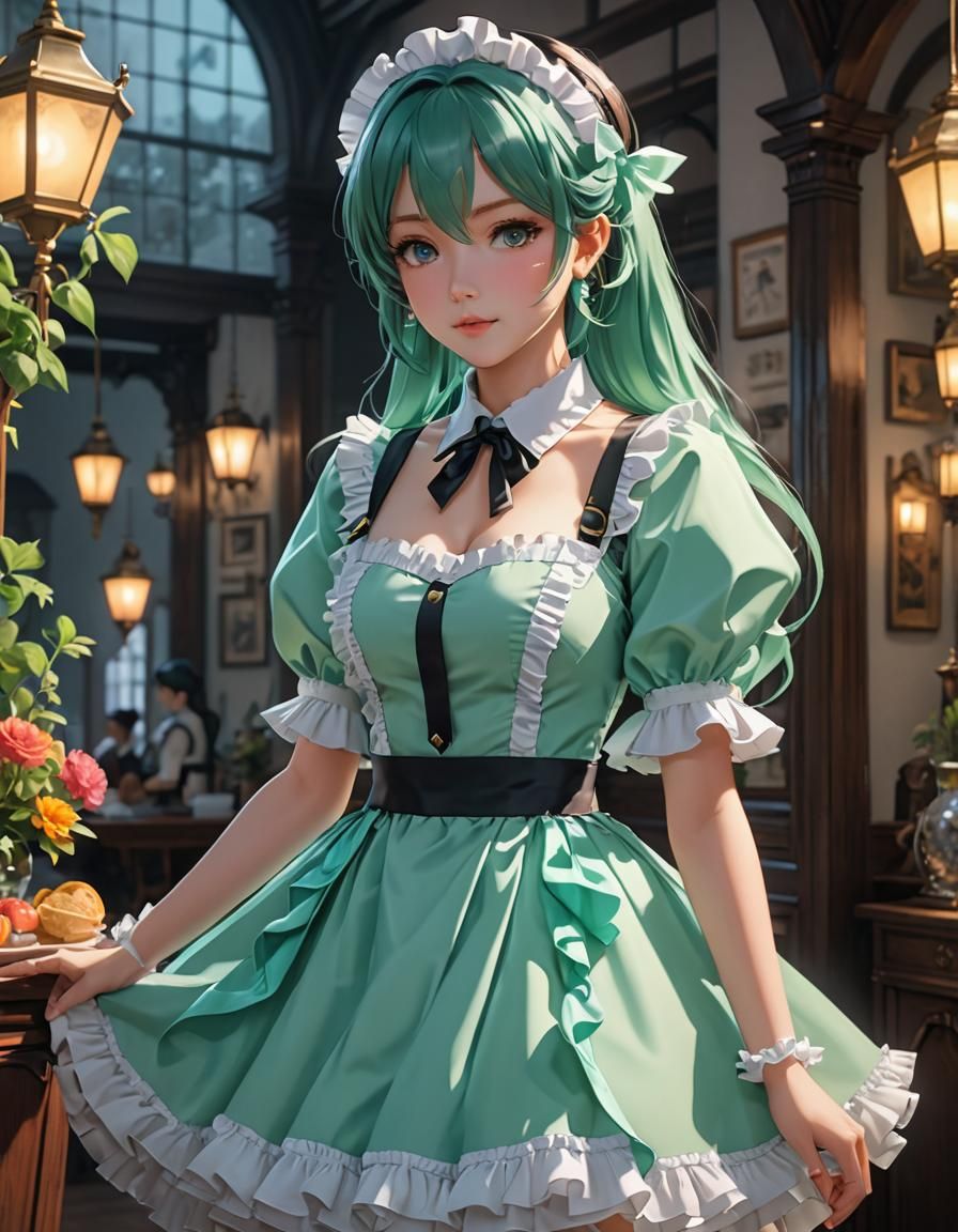 Mint Maid Dress in 3D Anime Art Style