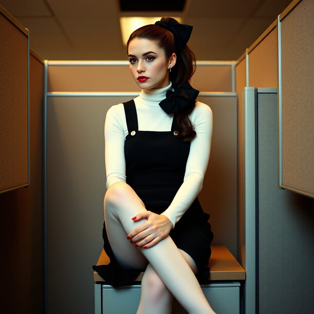 Elegant Woman in Office Cubicle, Shot in Cinematic Style