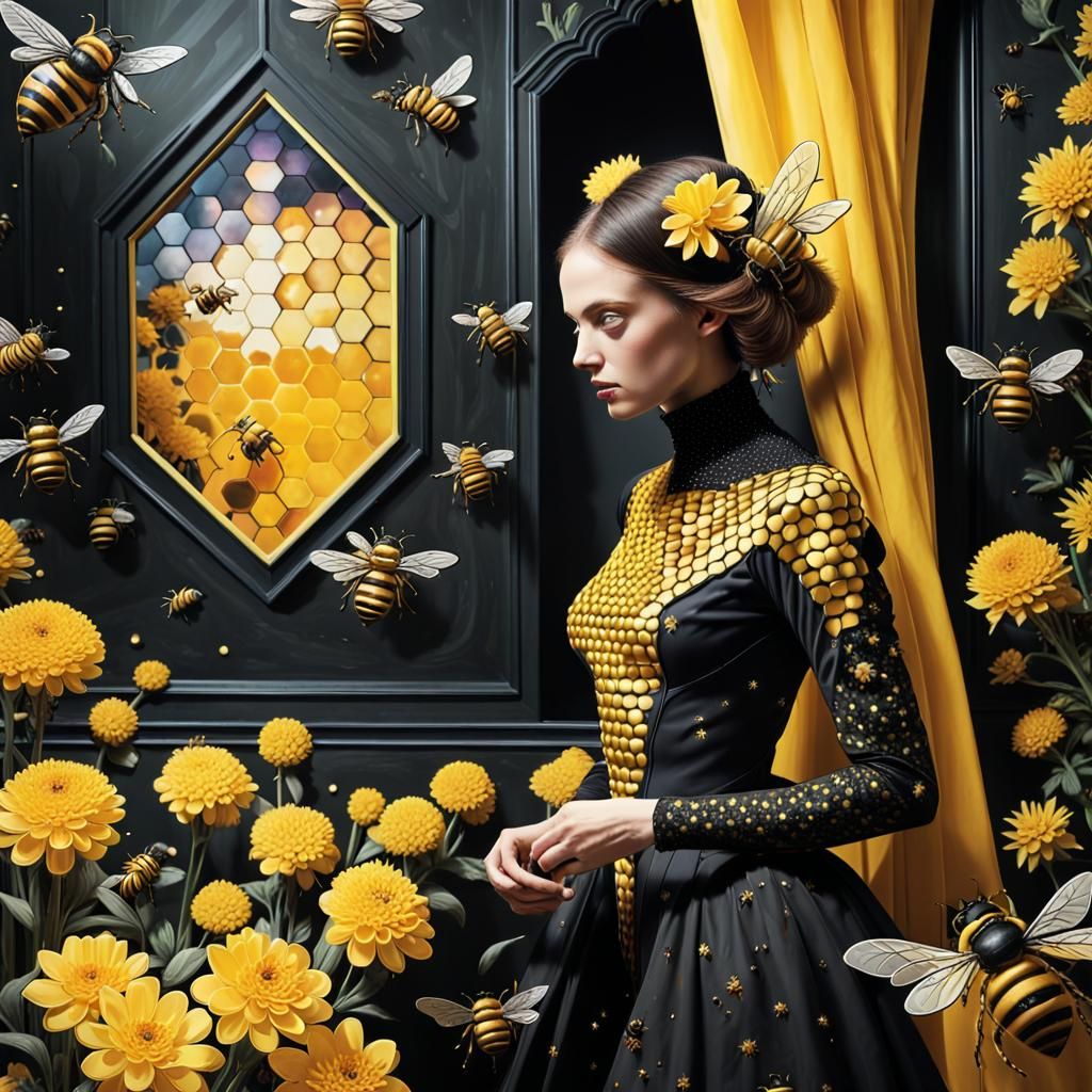 Bee Woman in Hive Palace: Vibrant Gouache Art
