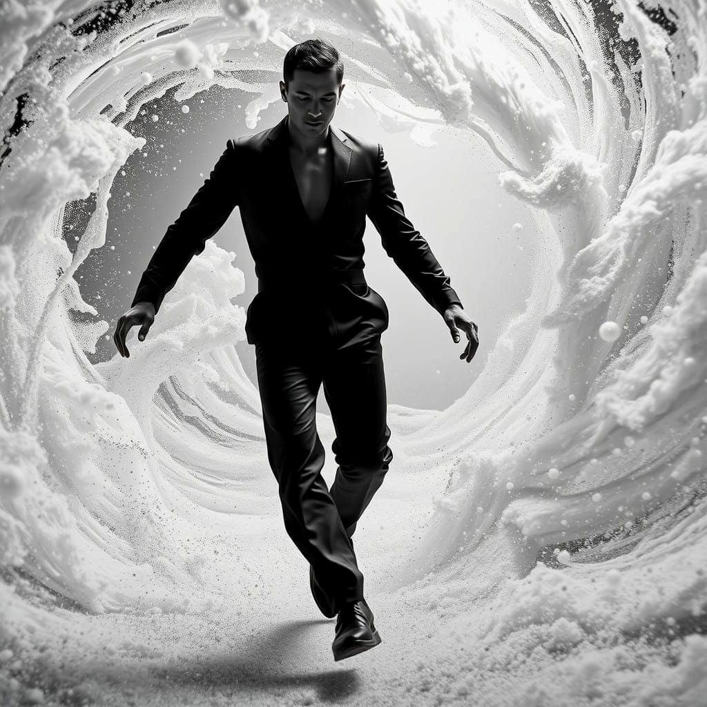 Surreal Zero-Gravity Figure in Rorschach-Inspired Black and...