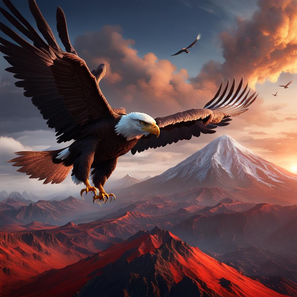 Eagle Soaring Over Volcanoes: Detailed Matte Painting