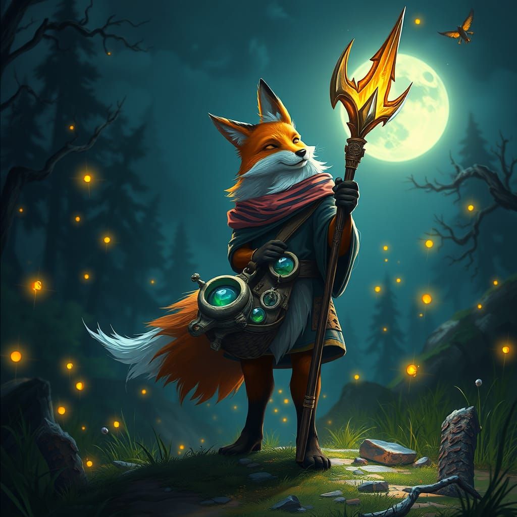 Fantasy Fox Wizard in Moonlit Forest Glade
