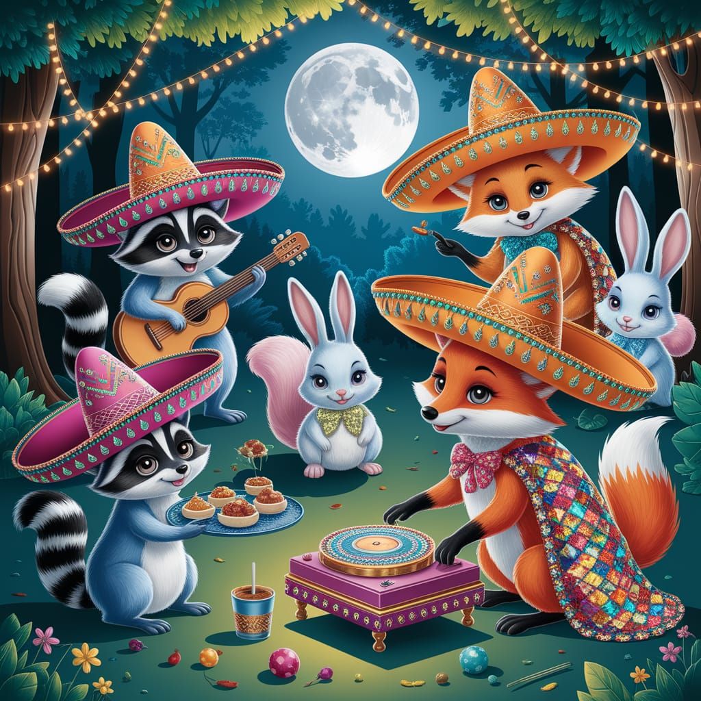 Woodland Fiesta: Creatures Celebrate in Moonlit Forest