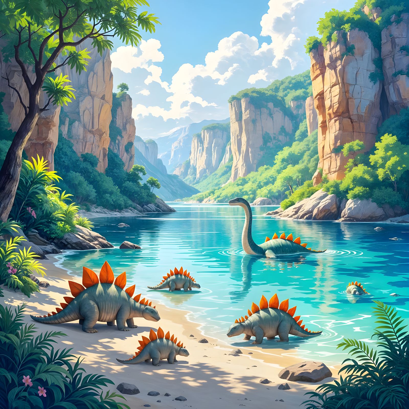 Jurassic Lagoon with Stegosaurs in Watercolor Style