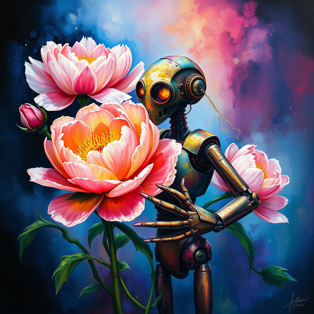 Fantasy Robot with Peonies in Flowing Colors