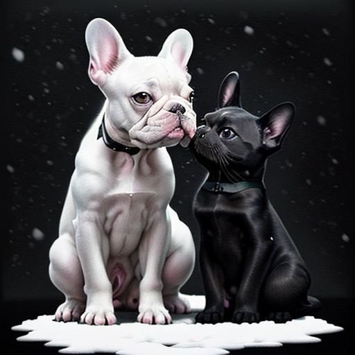 French Bulldog and Kitten in Snowy Charcoal Drawing