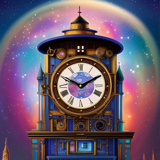 Steampunk Clock Tower Illustration with Sparkling Night Sky
