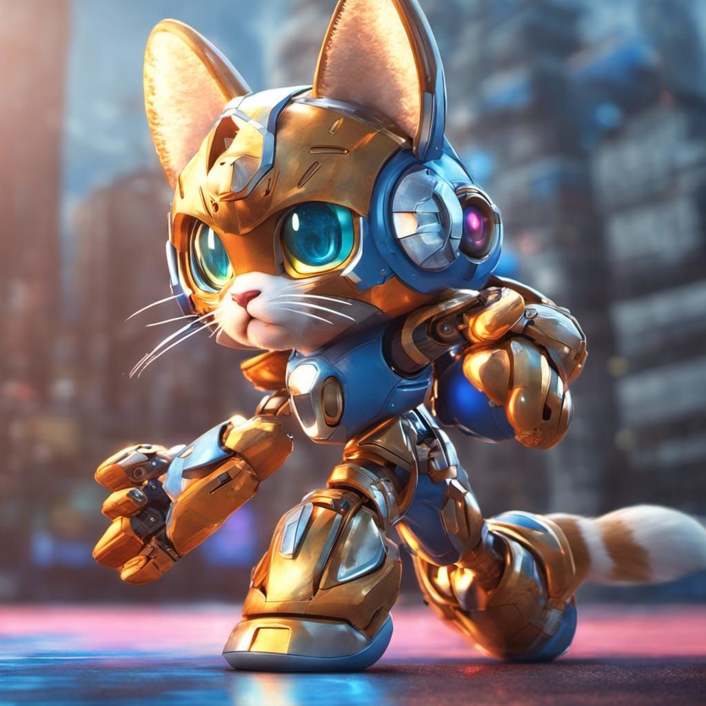 Hyperrealistic Cat Megaman with Wings in Neon Style
