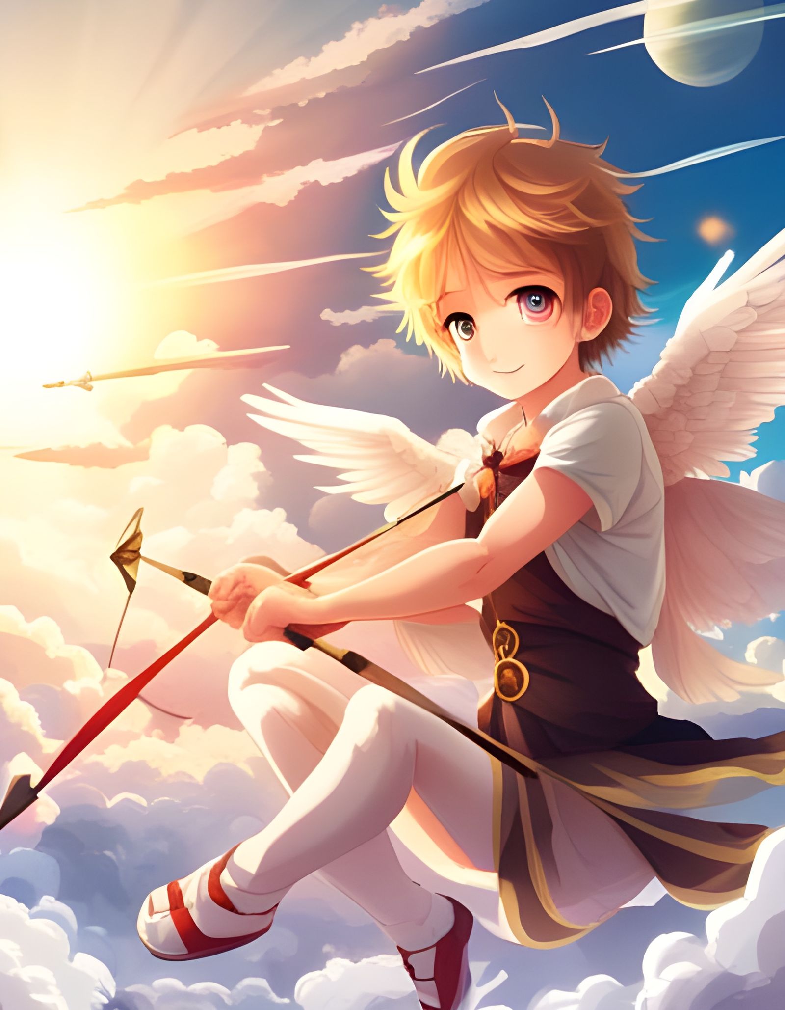 Anime Cherub Flying with Heart Bow and Arrow