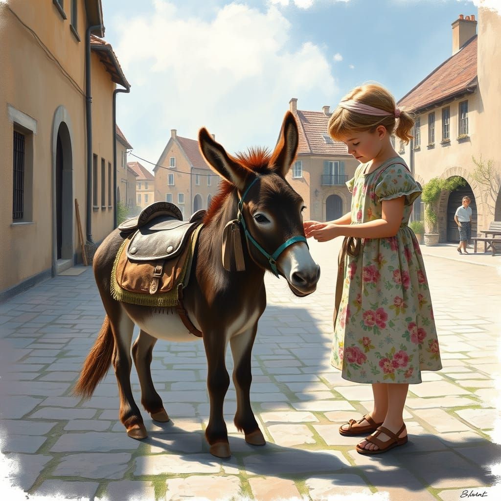 A Little Donkey Receives Tender Care in a Sunny Village Squa...