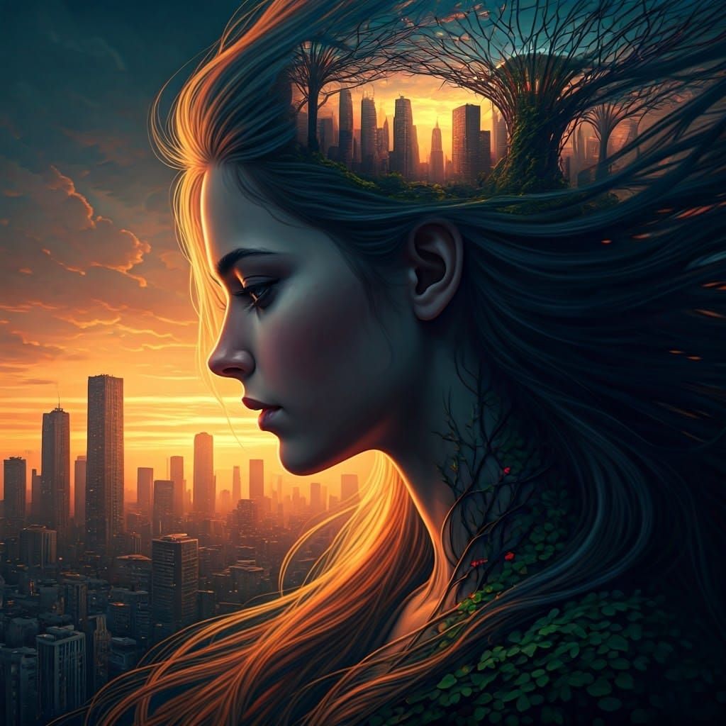 A surreal, dream-like digital art piece of a woman in profile, with her hair transforming into a fantastical, dense city...