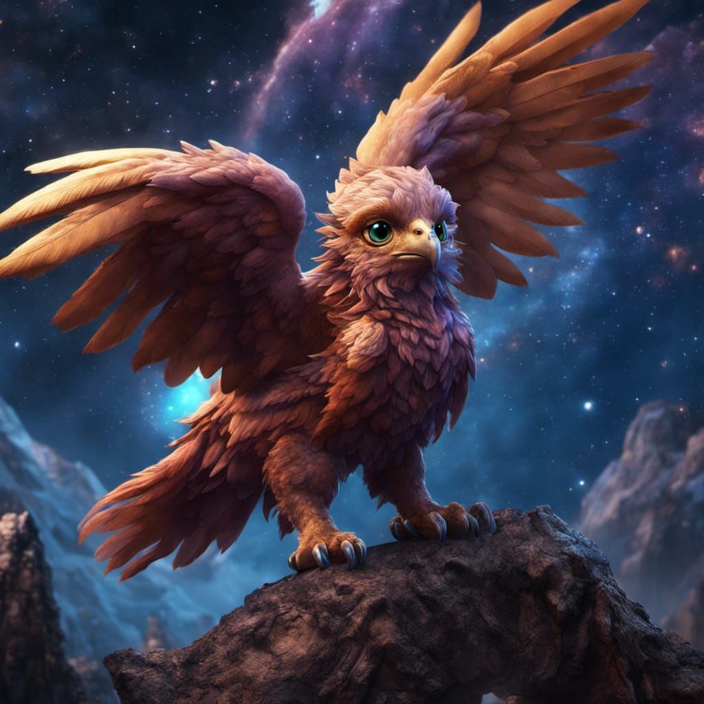 Baby Griffin with Galaxy Background: Fantasy Concept Art