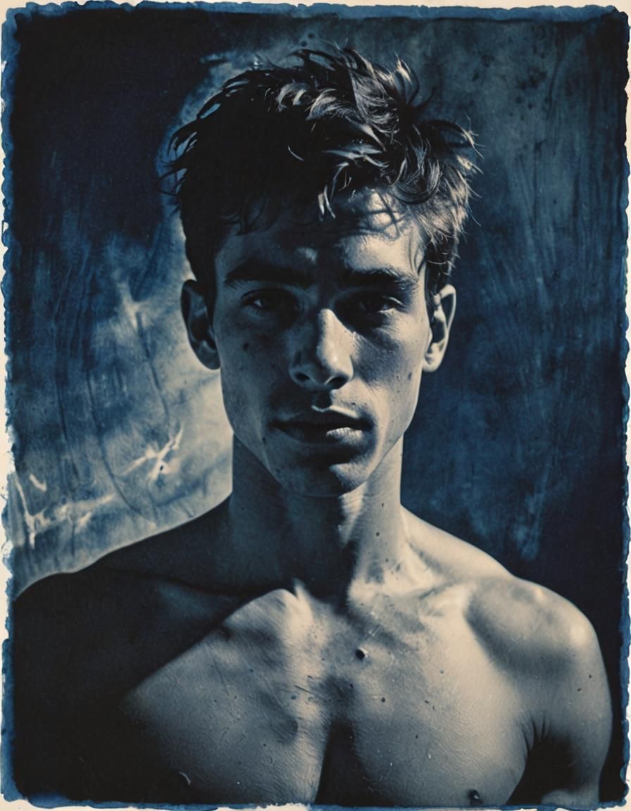 Cyanotype Portrait: Young Man in Blue and White