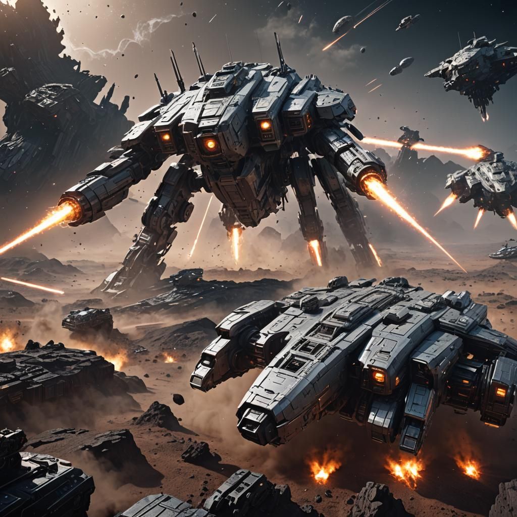 Epic Space Battle Near Meteor Belt in Sci-Fi Style