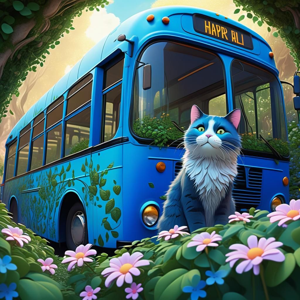 Whimsical Bus-Cat Fantasy Illustration in Miyazaki Style