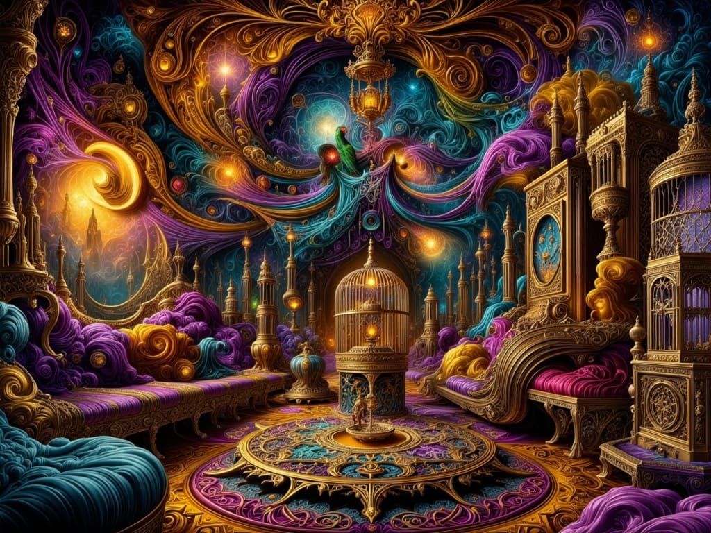 Zentangle Parlor Room with Parrot in Golden Hour Light