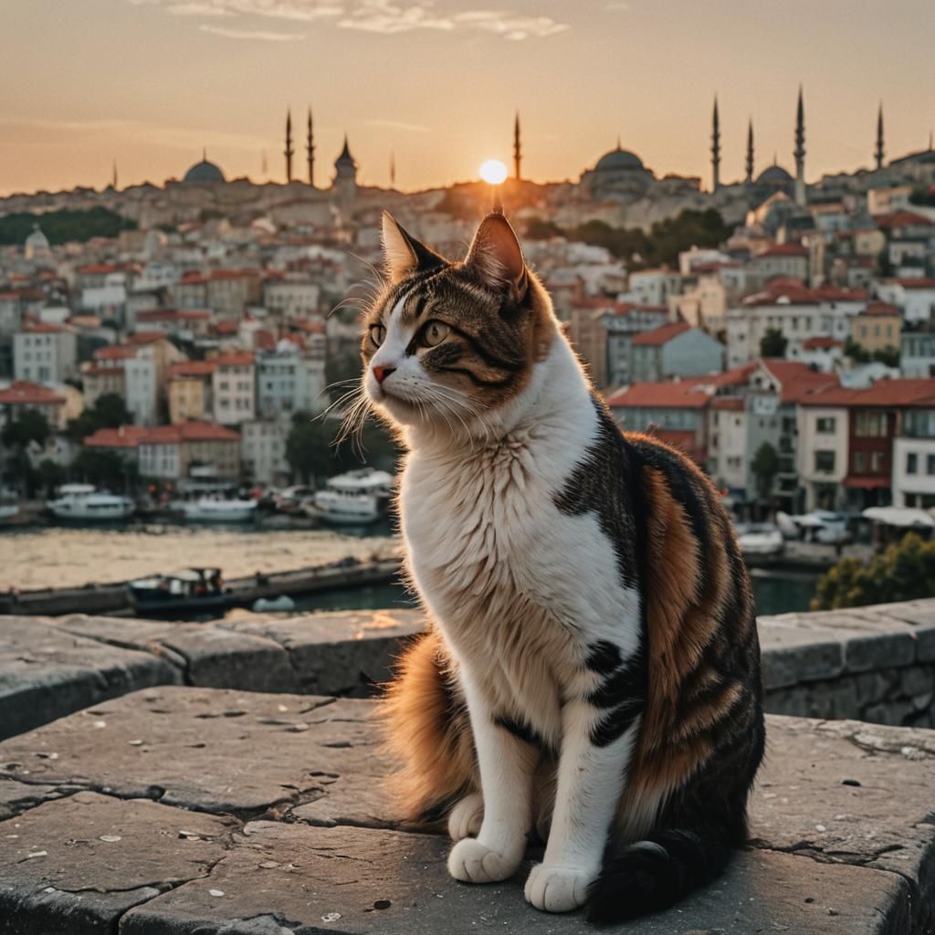 Cat Watches Istanbul Sunset: Cinematic Film Still