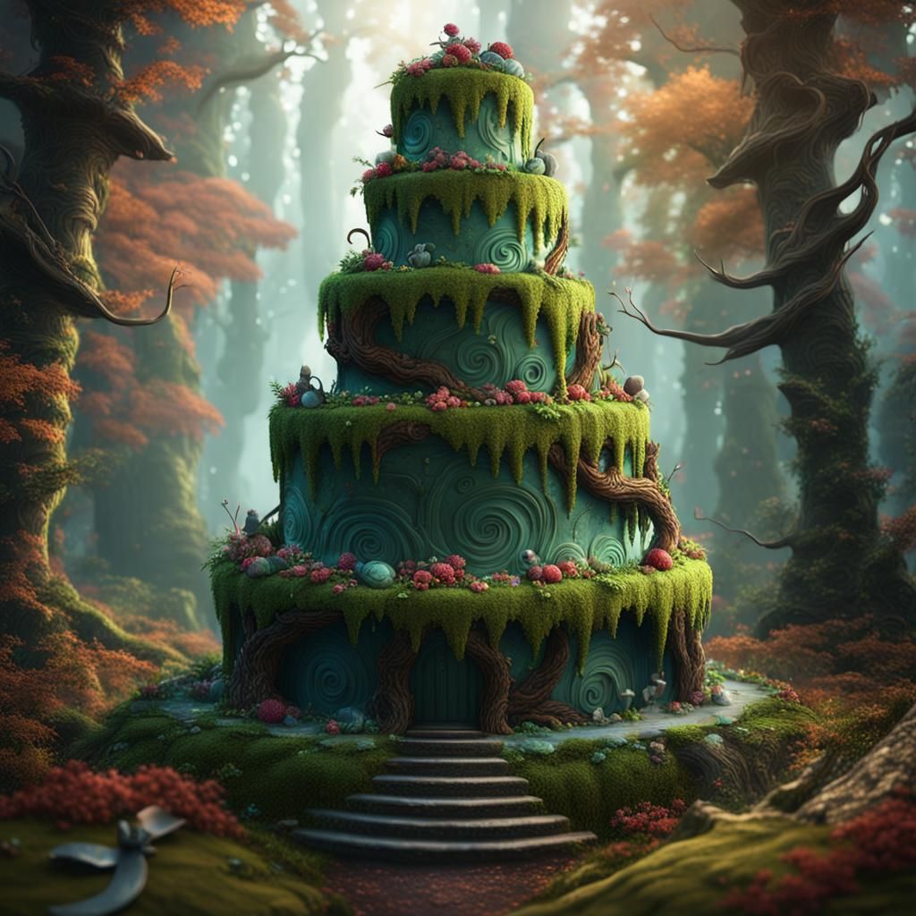 Fantastical Forest Spiral Wedding Cake in Matte Painting Sty...