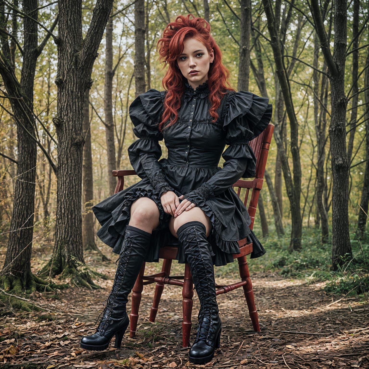 Red hair over one eye, black ruffle punk dress, black shoes,...