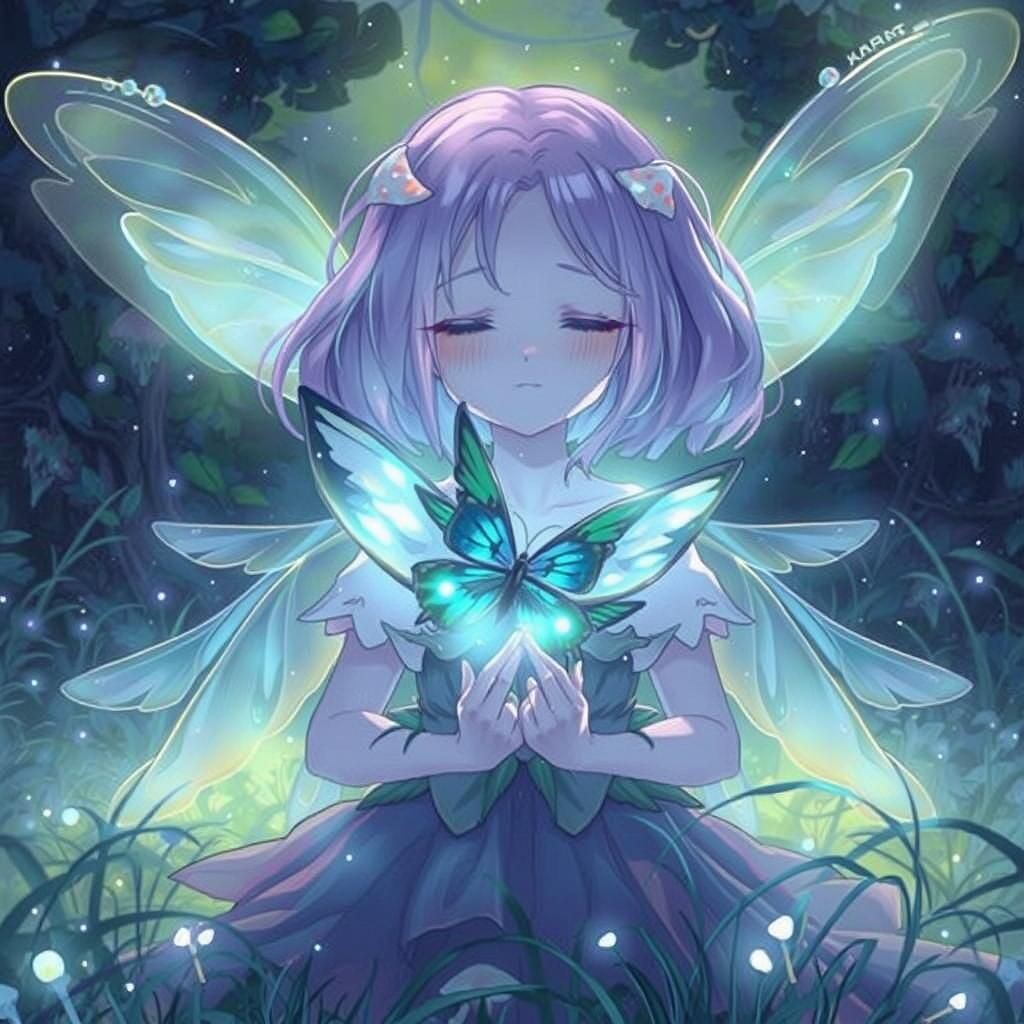 Iridescent Fairies in Enchanted Forest, Fantasy Matte Painti...