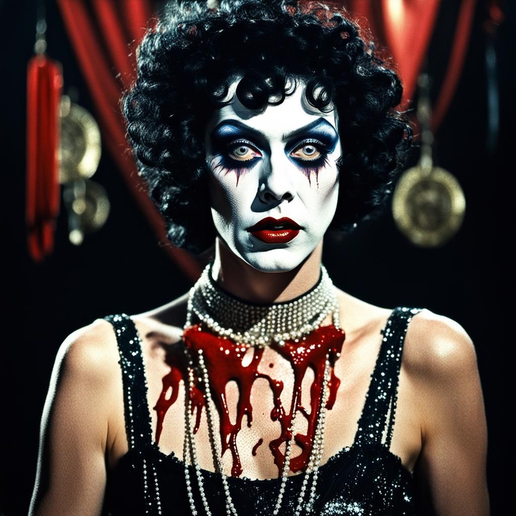 rocky horror picture show tim curry Dr Frank-N-Furter as a 1920s flapper with bloody pearls