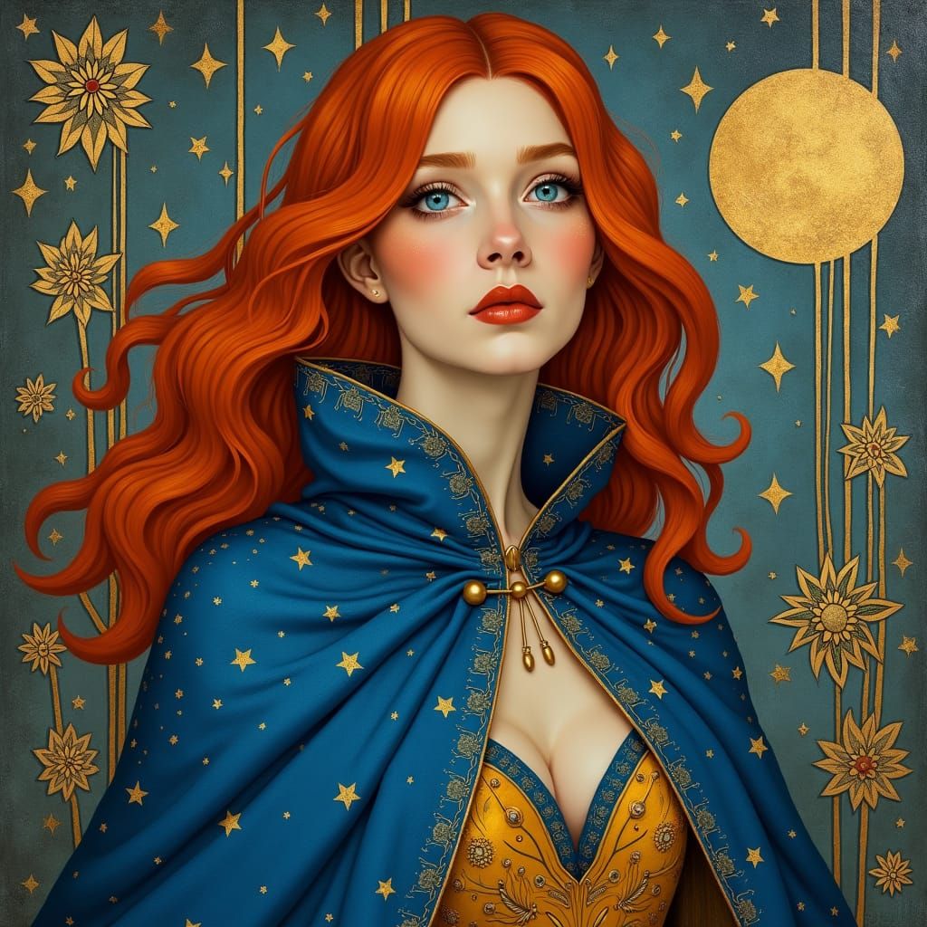 Woman in Cornflower Cloak with Starry Night Detail