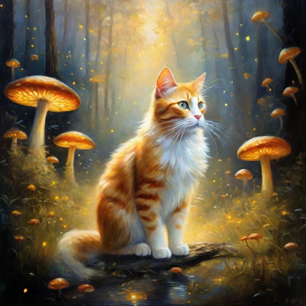 Ethereal Cat in Fantasy Forest, Oil Painting
