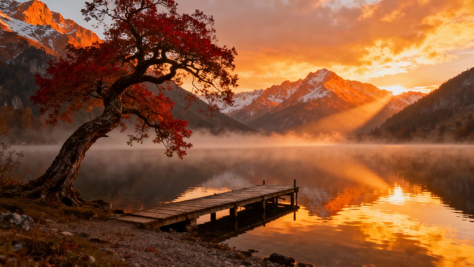 Majestic Mountain Lake Sunset with Autumn Tree
