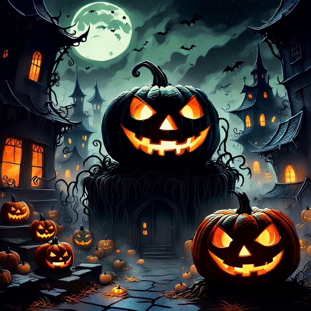 Eerie Halloween Night in Studio Ghibli Style