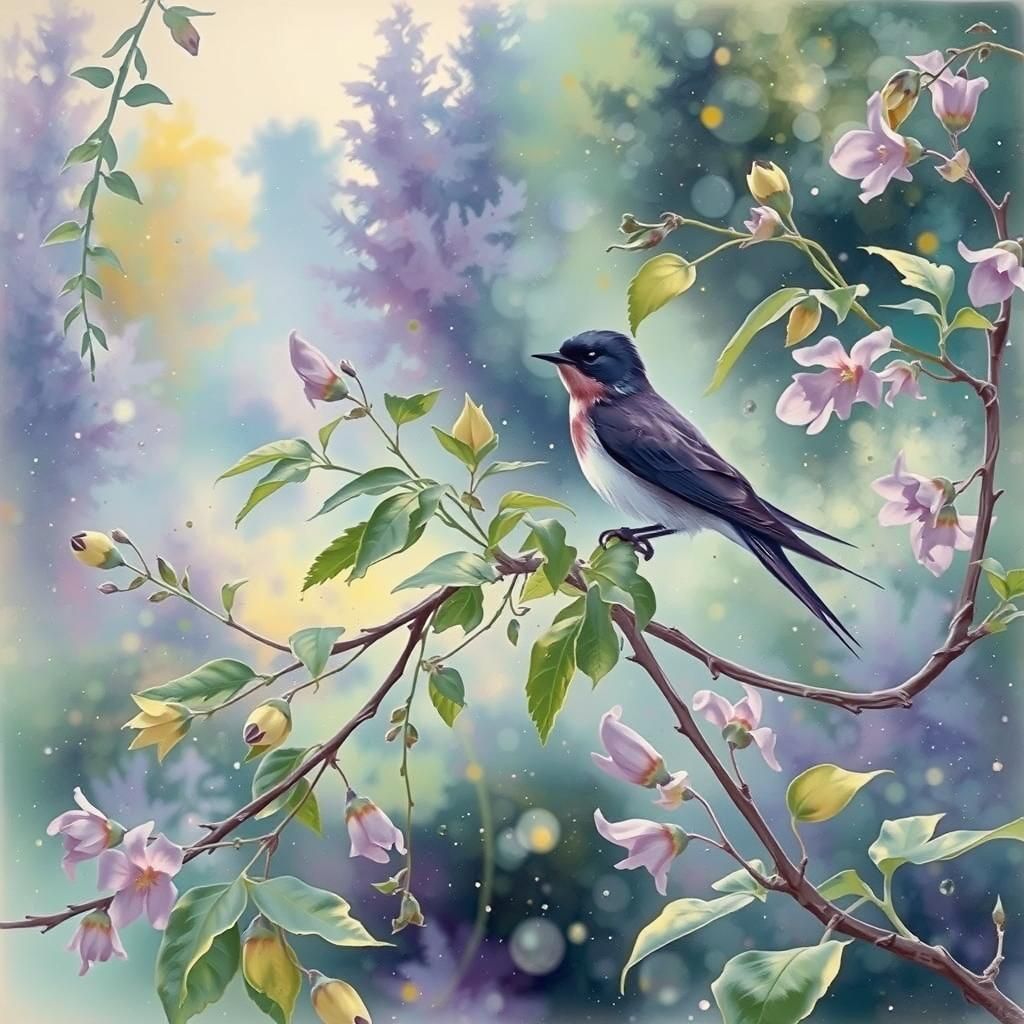 Swallow amid the violets, watercolor painting, tonal pinks, ...
