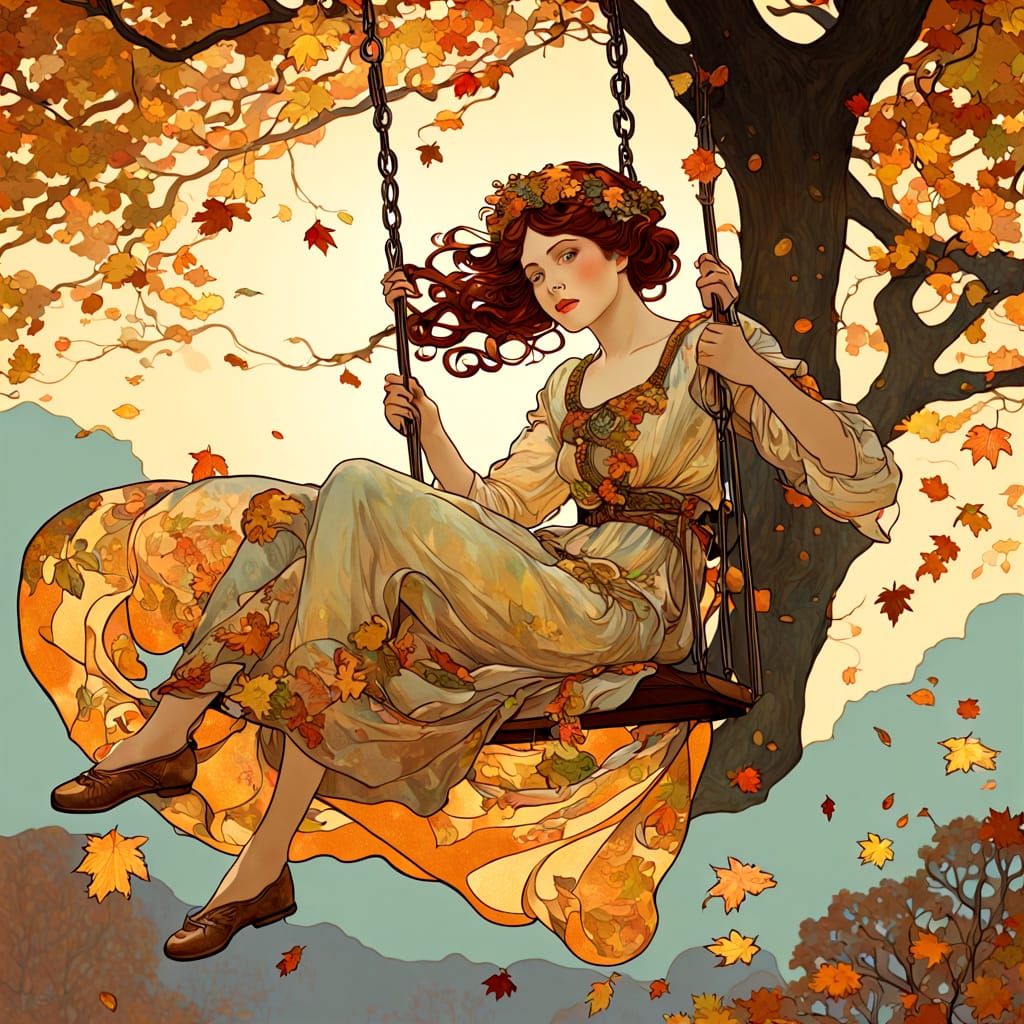 Golden Hour Autumn Scene: Woman on a Swing in Art Nouveau St...