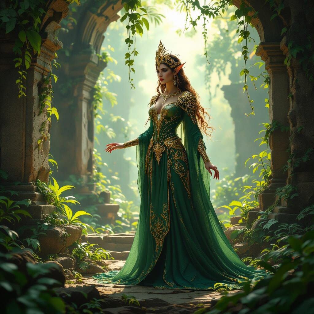 Majestic Elven Queen in Art Nouveau Emerald Robes
