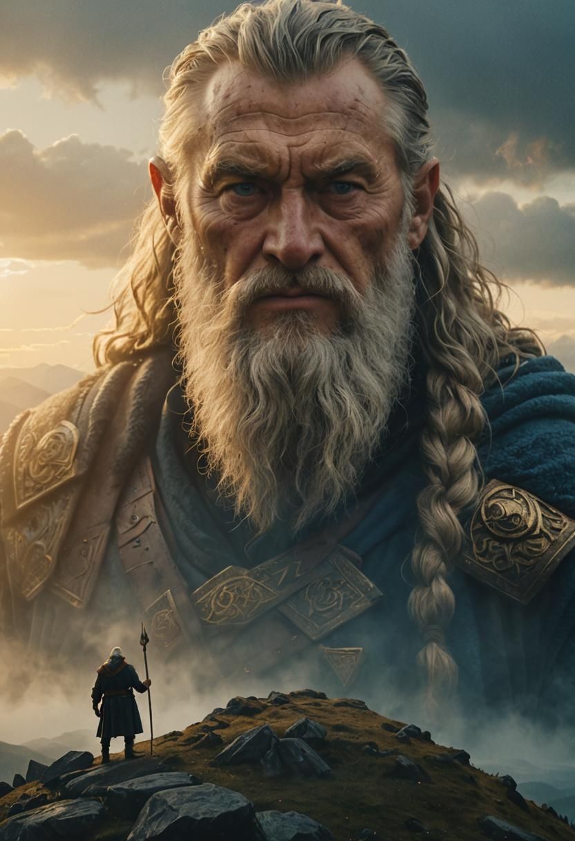 Odin on Misty Peak: A Cinematic Film Still