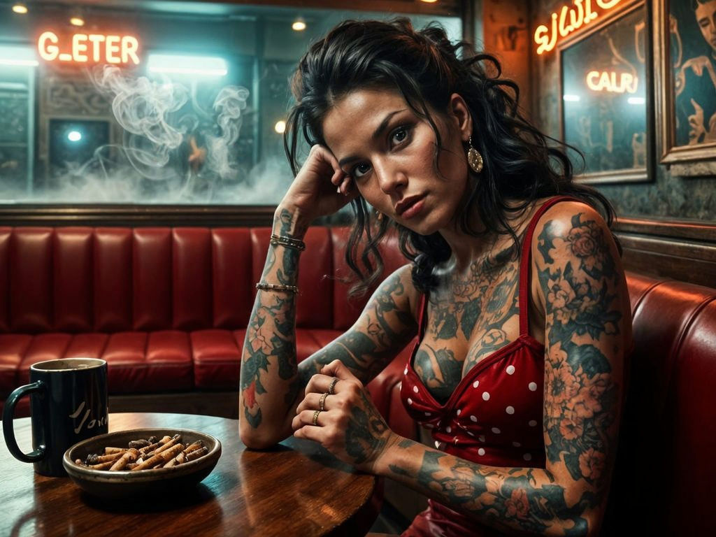 Tattooed Woman in 1950s Cafe, Cyberpunk Noir Aesthetic