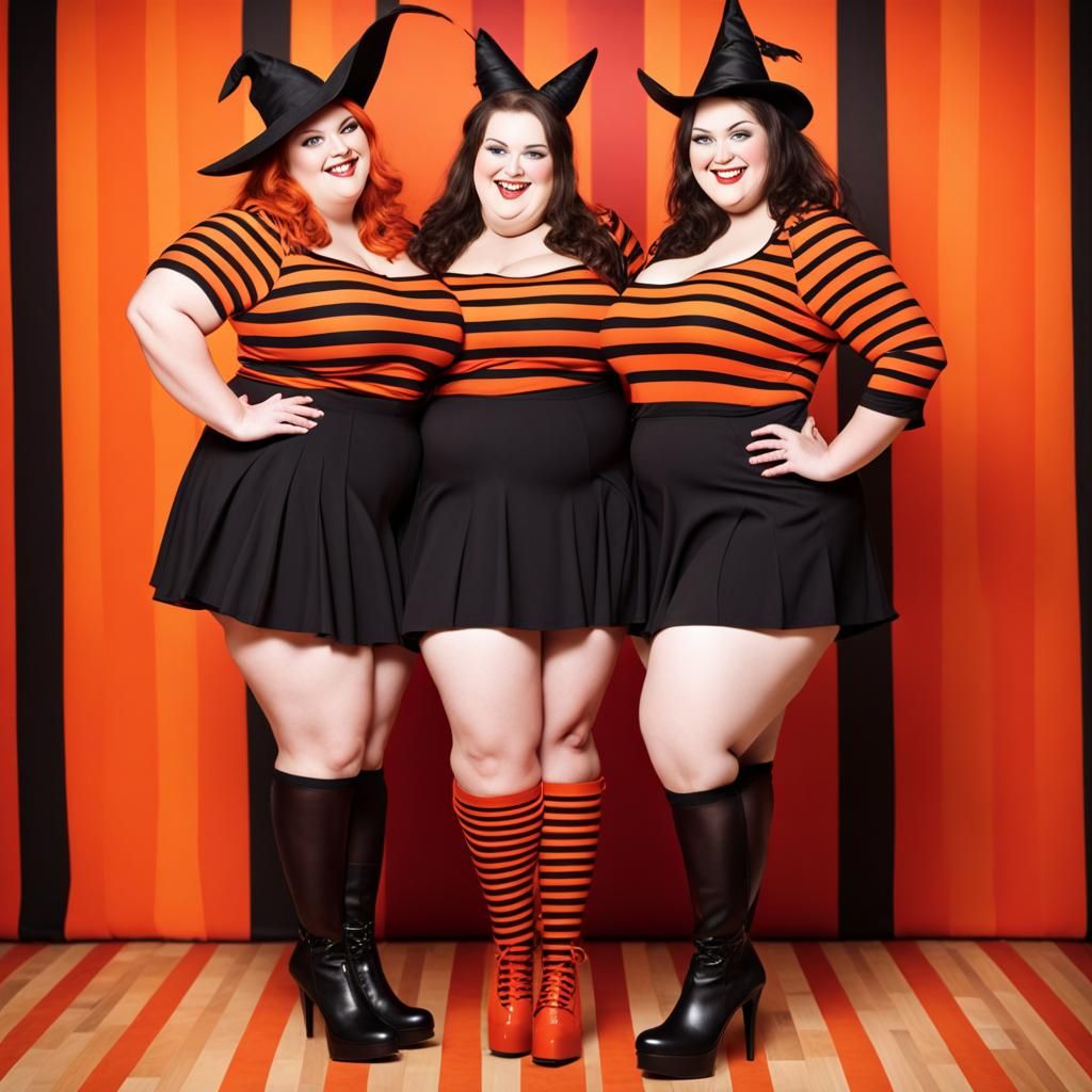 Two Smiling Witches in Striped Outfits