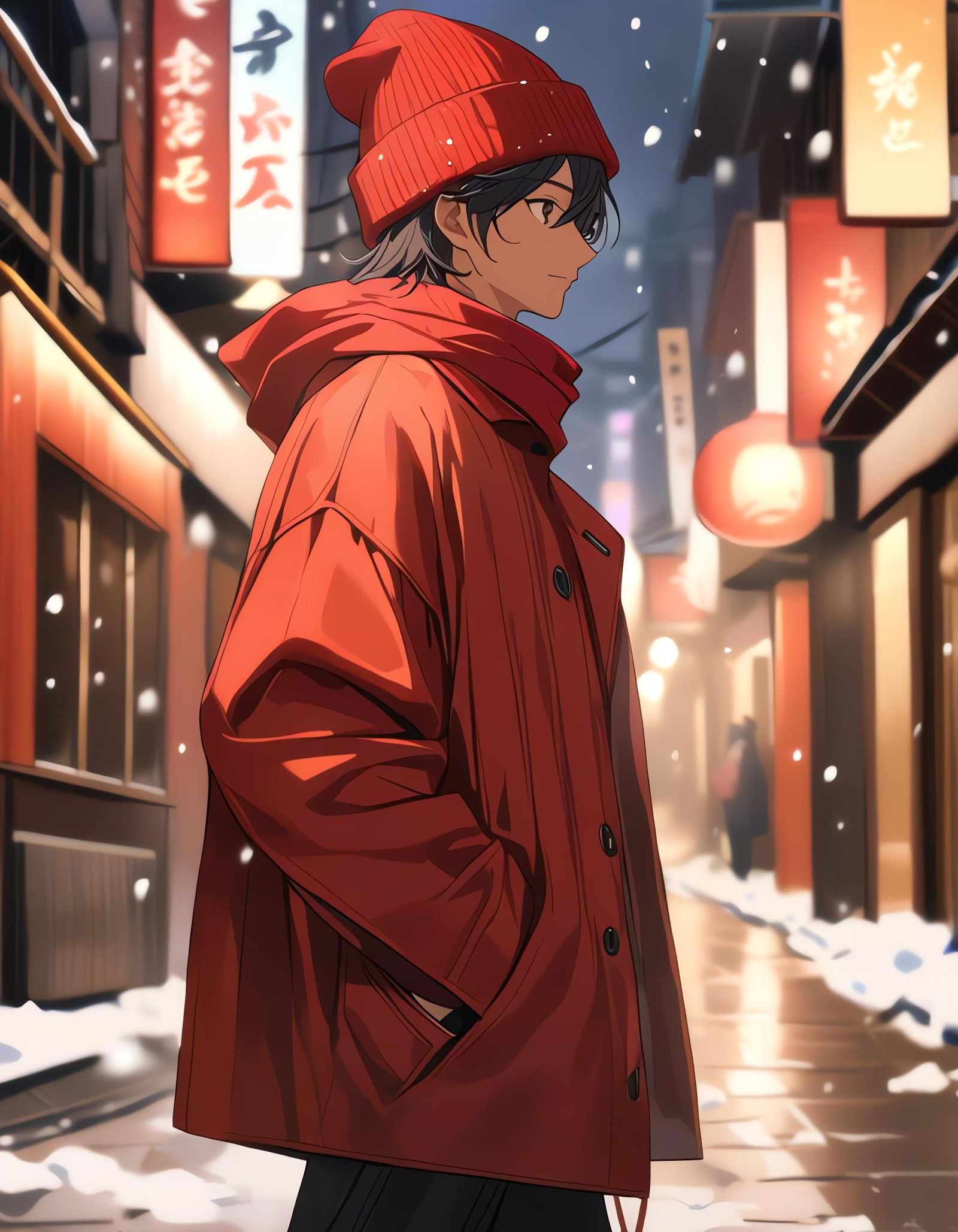 Boy Walking on Snowy City Street in Winter