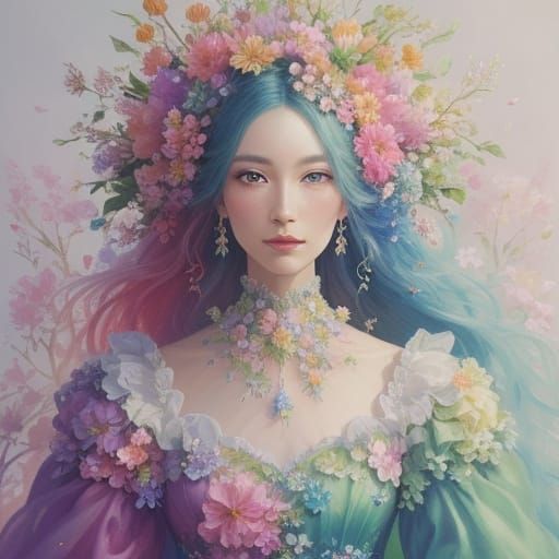 Woman in Flower Gown, Vivid Oil Painting Style