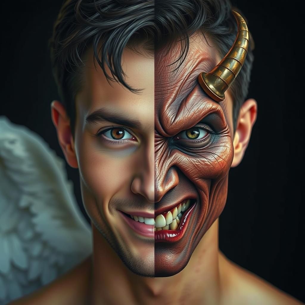 Angelic Man and Demonic Face Split Portrait