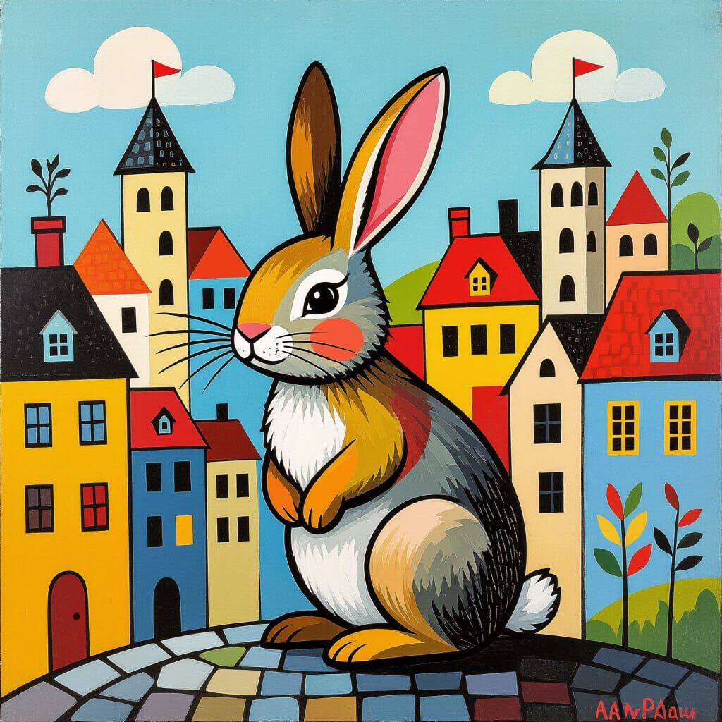 Rabbit in Naive Folk Art Town Setting