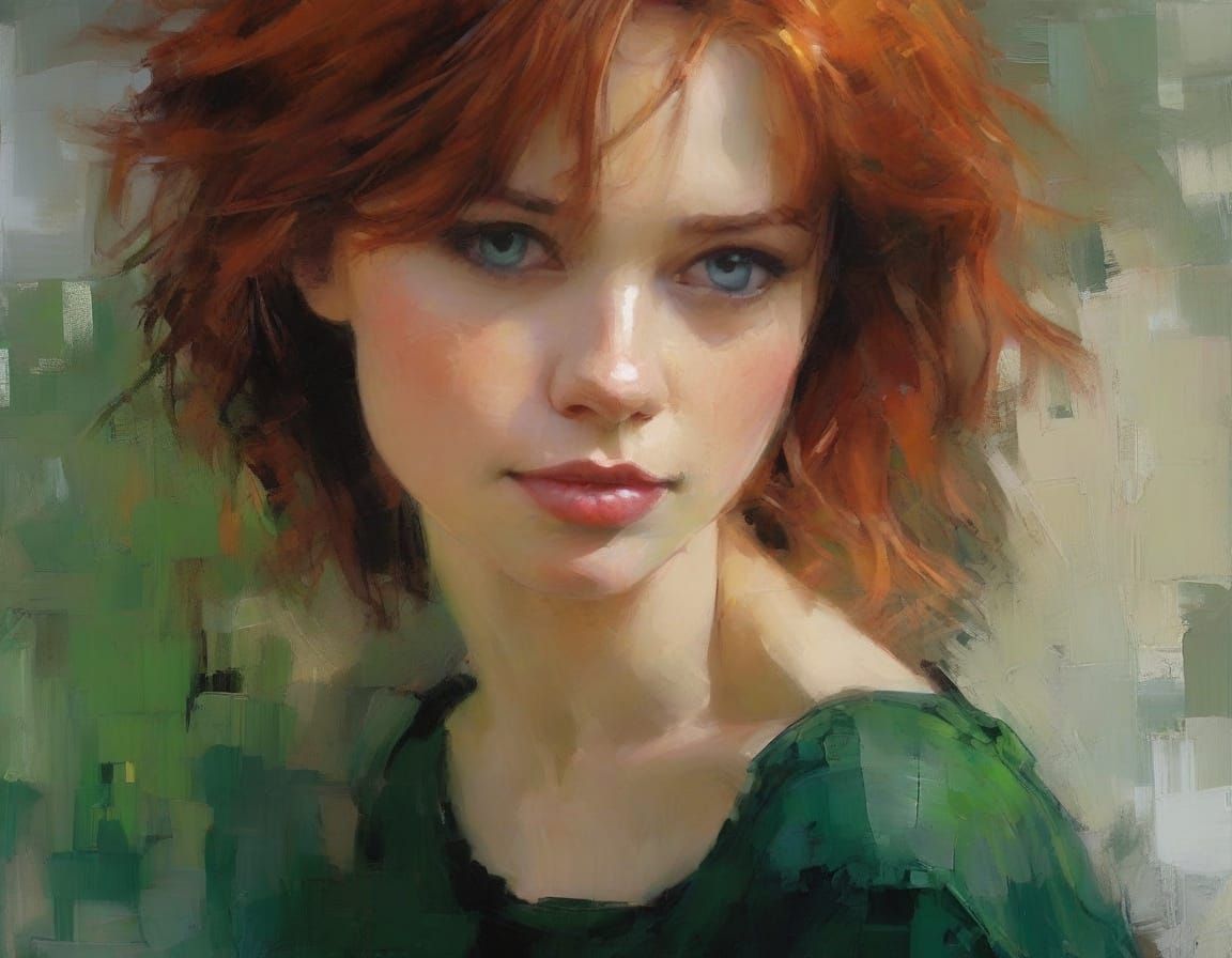 Auburn Goddess in Emerald Eyes: A Vibrant Impasto Masterpiec...