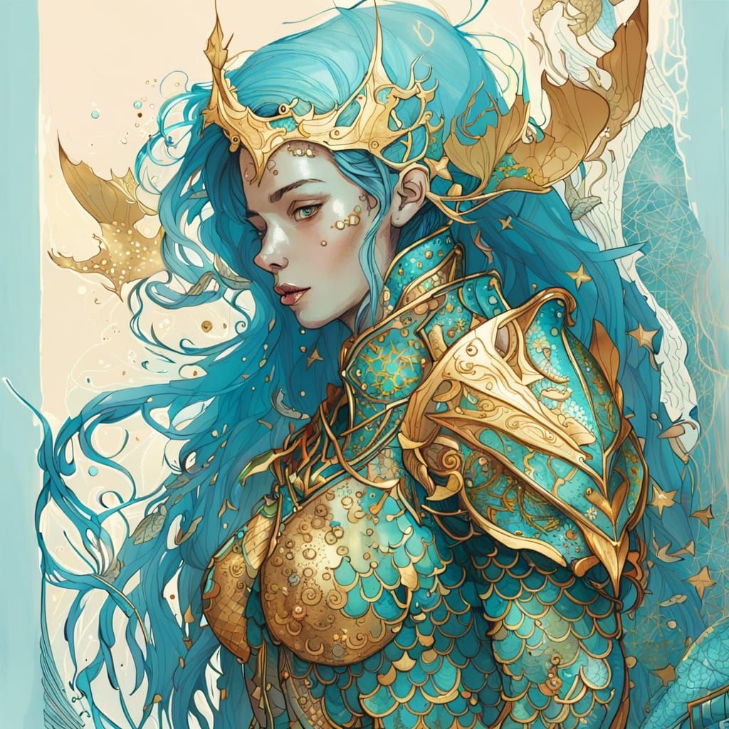 Mermaid Warrior in Detailed Dark Fantasy Style