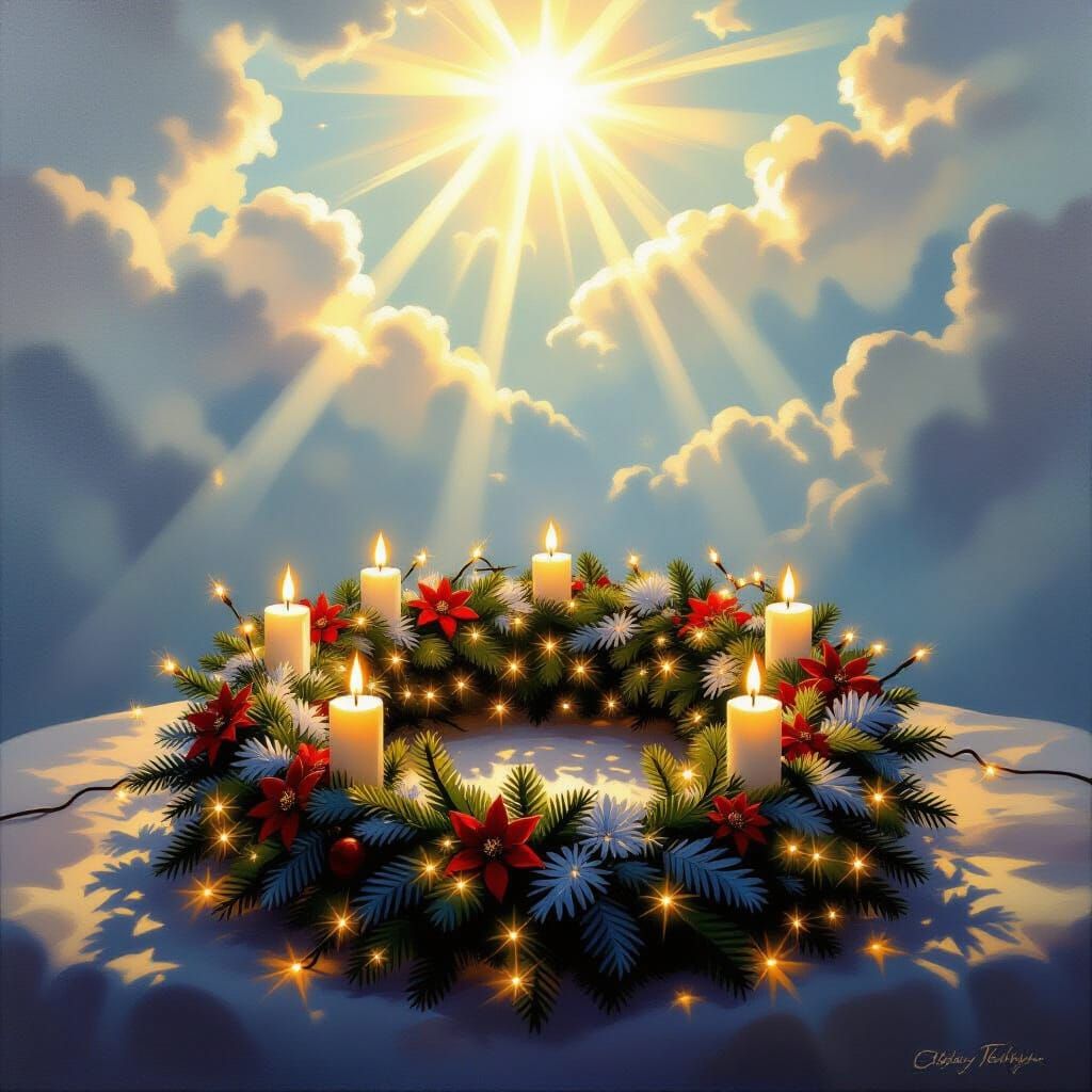 Ethereal Advent Wreath with Twinkling Lights in Sunny Sky