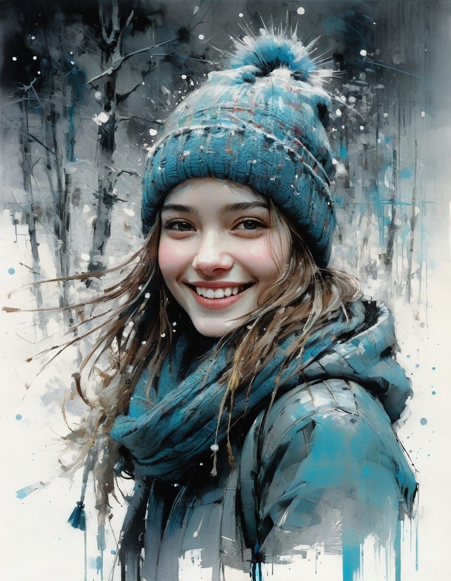 Smiling Girl in Winter Wonderland Charcoal Drawing