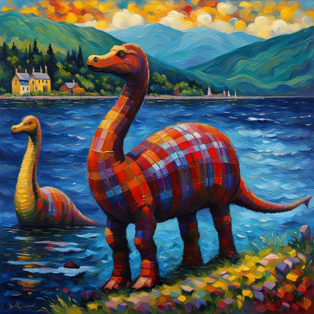 Nessie in Tartan: Neo-Impressionist Loch Ness Painting